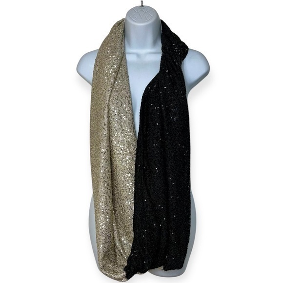 DKNYC Black and Gold Sequined Infinity Scarf, Excellent Gently Used Condition - Picture 1 of 10